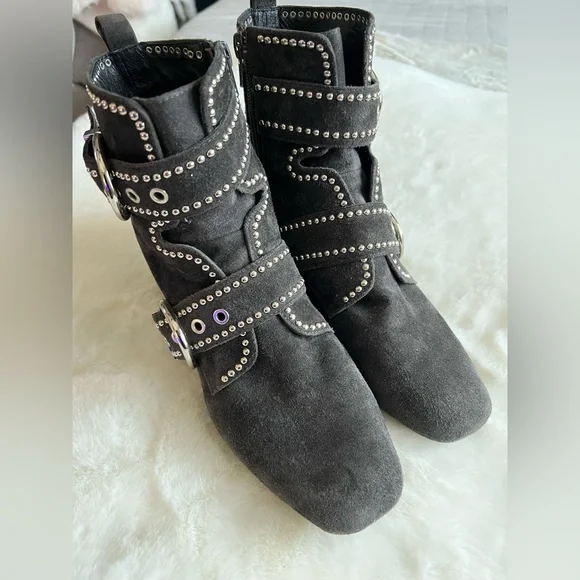 Jeffrey Campbell Studded Buckle Ankle Boots Dk Gray Suede 7.5 - Picture 2 of 8